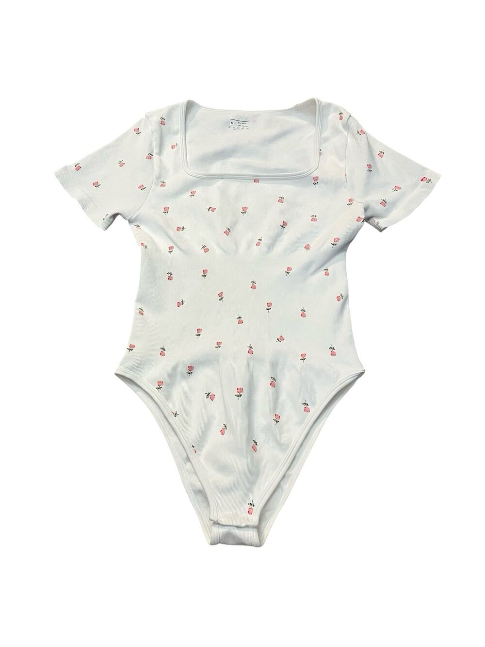 OQQ Floral Print Ribbed Bodysuit Medium Square Neck Short Sleeve White Pink